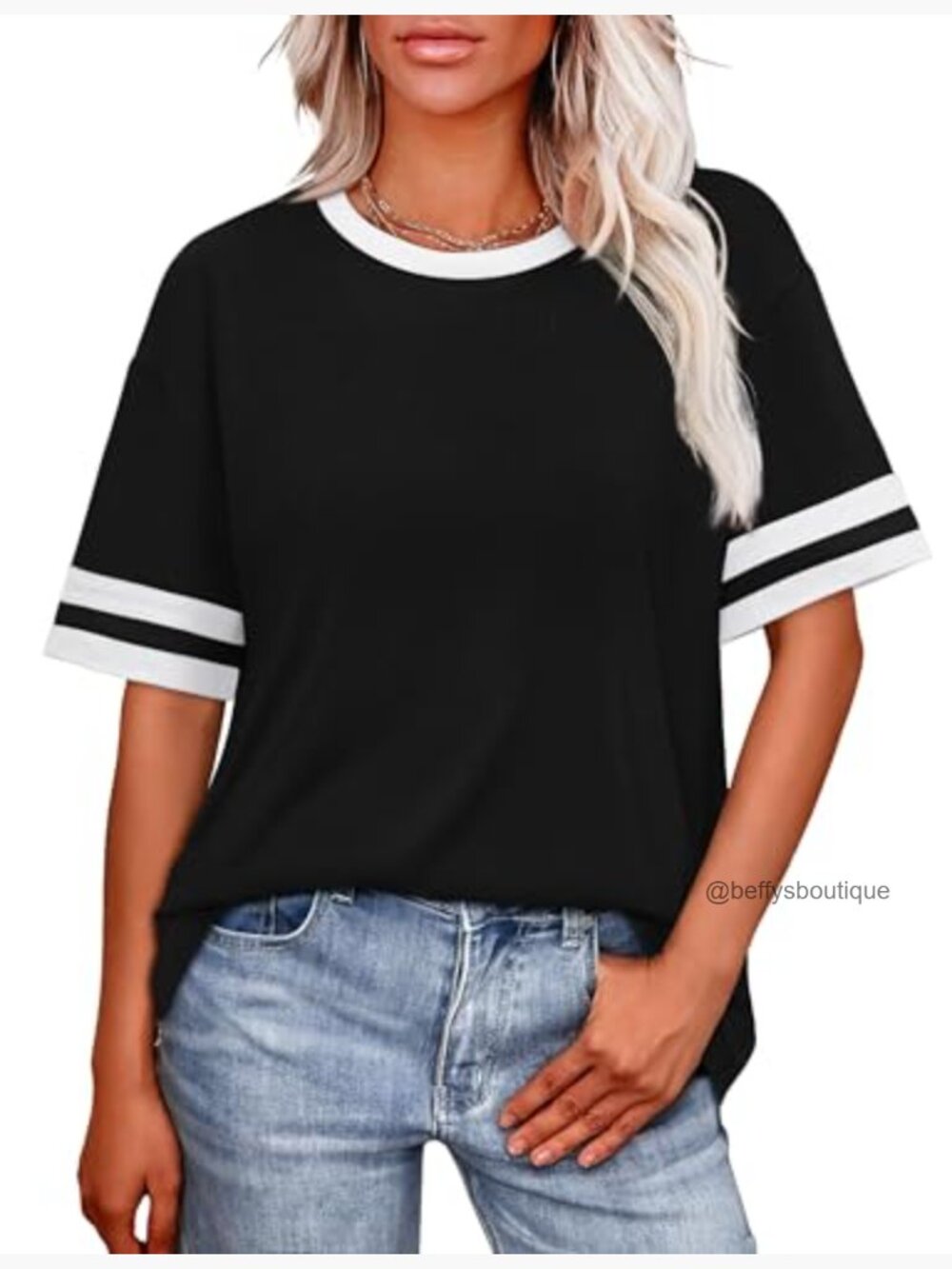 Loose Fit Short Sleeve Crew Neck Color Block T-Shirt - Picture 2 of 7